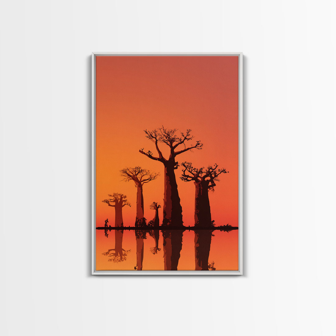 Orange Baobab Reflections At Sunset Wall Art, African Landscape Print, Minimalist Safari Decor, Warm Statement Home Decor