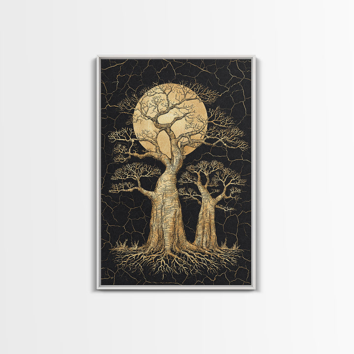 Golden Baobab Moon Tree Wall Art, African Landscape, Black And Gold Decor, Motherland Nature Canvas, Boho Safari Gift, Statement Piece
