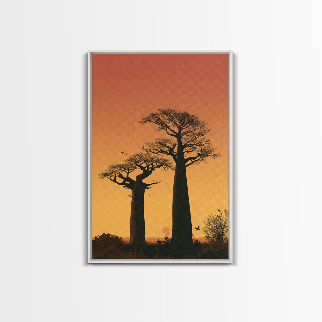Two Tall Baobab Trees Wall Art, African Sunset Landscape, Madagascar Travel Poster, Orange Safari Decor, Nature Canvas Gift