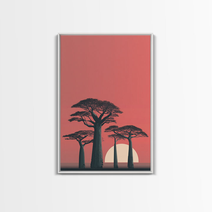 Minimalist Pink Baobab Sunset Canvas Print, African Landscape Wall Decor, Modern Safari Poster, Boho Bedroom Art Gift For Her