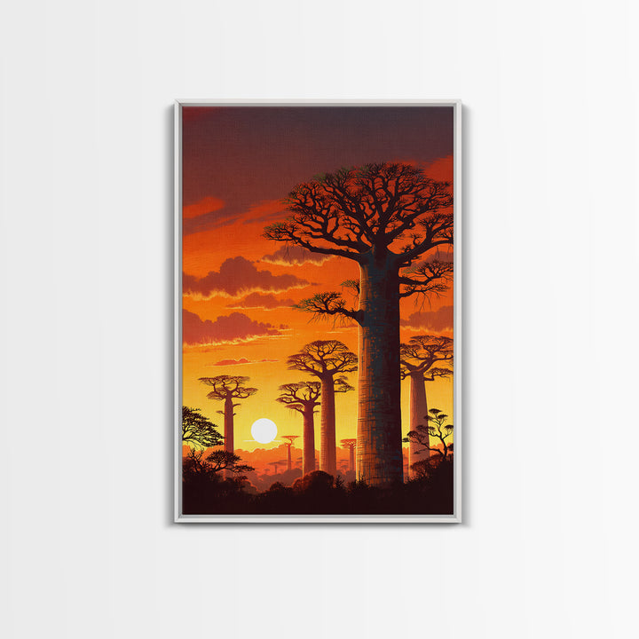 Fiery Baobab Forest Sunset Wall Art, African Safari Landscape, Orange Nature Decor, Madagascar Canvas Print, Gift For Him