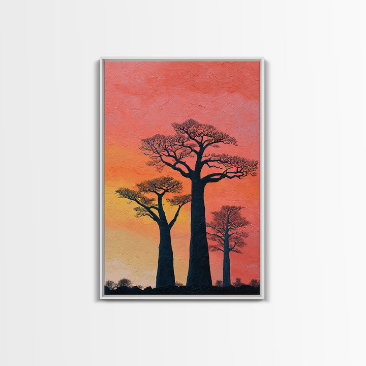 Coral Sunset Baobab Trees Wall Art, African Landscape Print, Textured Canvas Decor, Madagascar Safari Gift, Boho Room Art