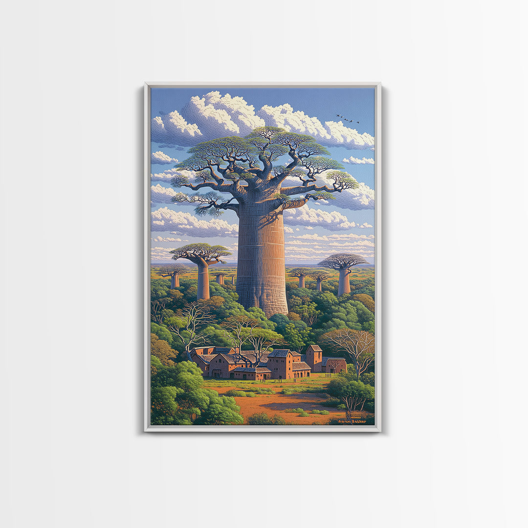 Village Beneath Giant Baobab Wall Art, African Landscape, Madagascar Print, African Home Decor, Large Living Room Art Gift