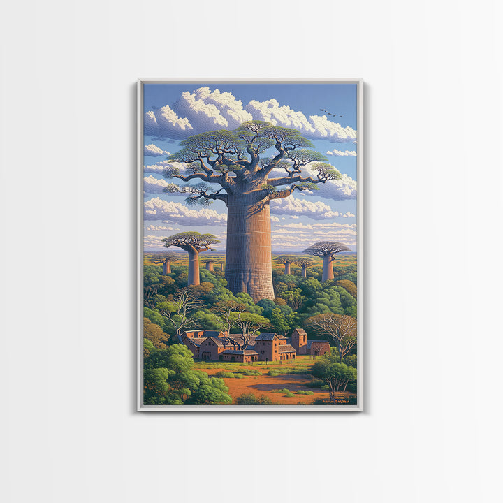 Village Beneath Giant Baobab Wall Art, African Landscape, Madagascar Print, African Home Decor, Large Living Room Art Gift