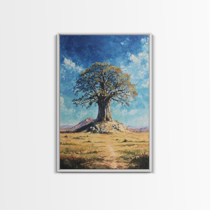Lone Baobab Desert Path Framed Canvas Print, African Landscape, Blue Sky Painting, Nature Wall Decor, Unique Housewarming Gift