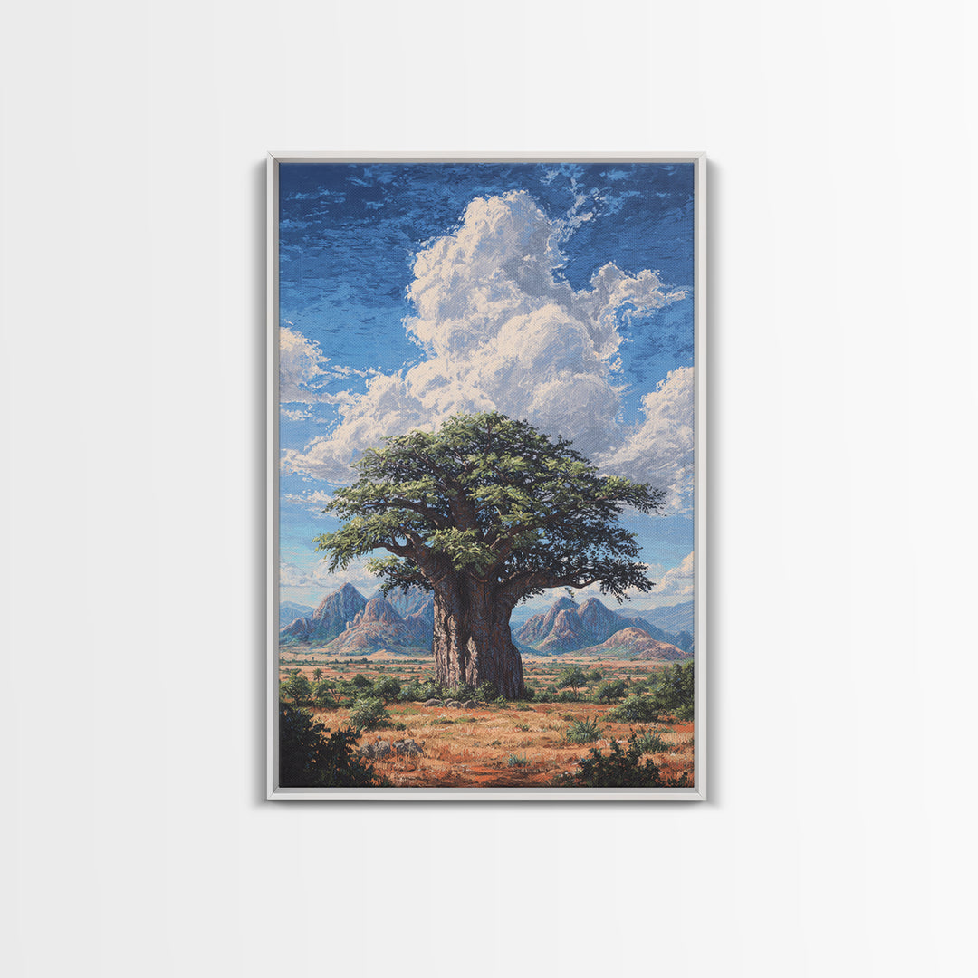 Ancient Baobab Under Towering Clouds Wall Art, African Safari Art, Desert Landscape Painting, Nature Scene Home Decor Gift