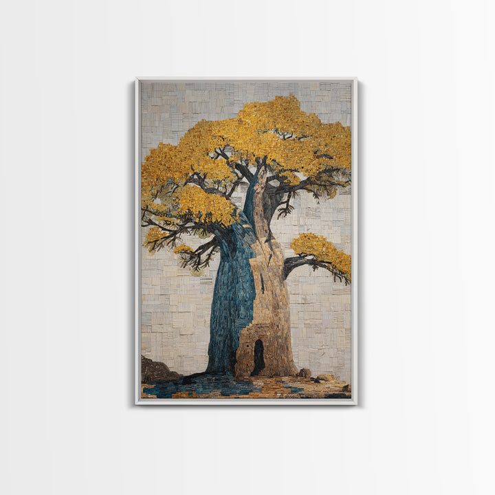 Blue And Gold Baobab Mosaic Framed Canvas Print, African Art Decor, Bold Artwork, Cultural Wall Decor, Statement Piece For Living Room