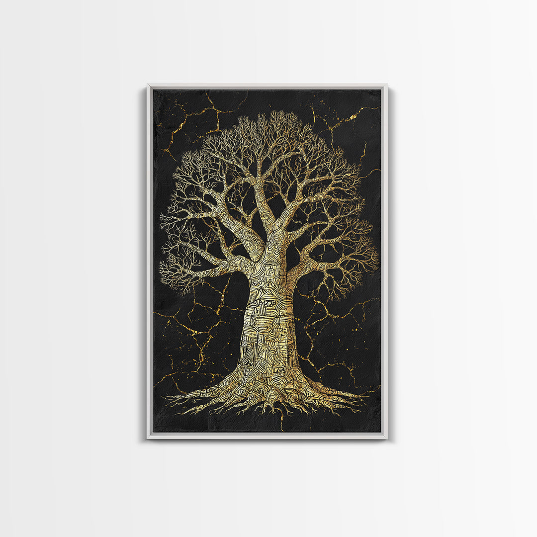 Golden Baobab Tree On Black Stone Wall Art, African Tree Print, Earth Tone Decor, Spiritual Nature Canvas For Living Room