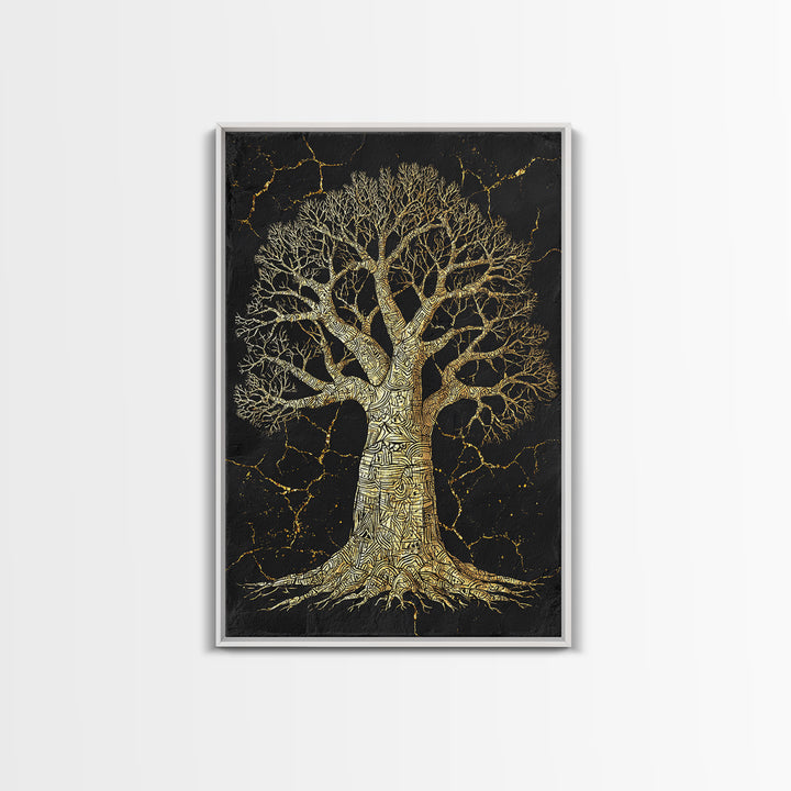 Golden Baobab Tree On Black Stone Wall Art, African Tree Print, Earth Tone Decor, Spiritual Nature Canvas For Living Room