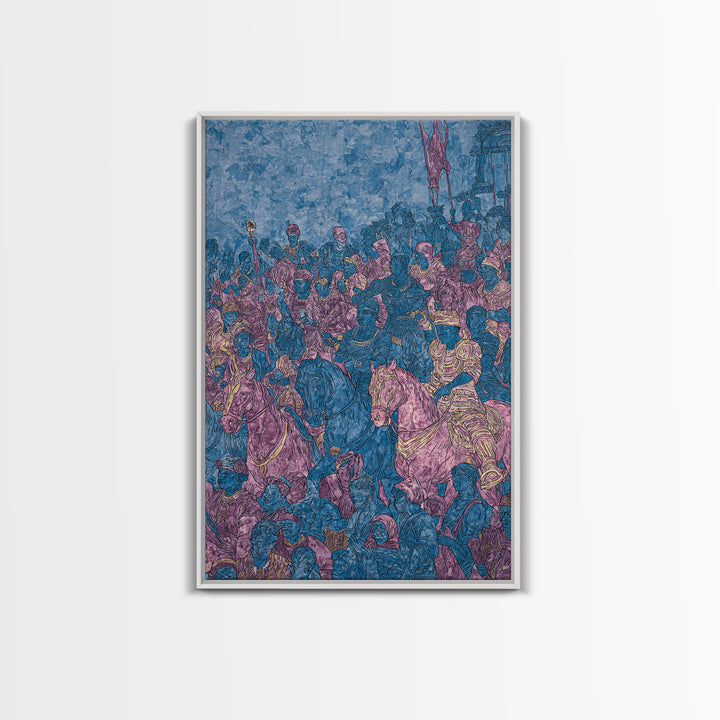 Purple Blue African Cavalry Battle Canvas Print, Warrior Procession Art, Historic Tribal Scene, Bold Statement Wall Decor