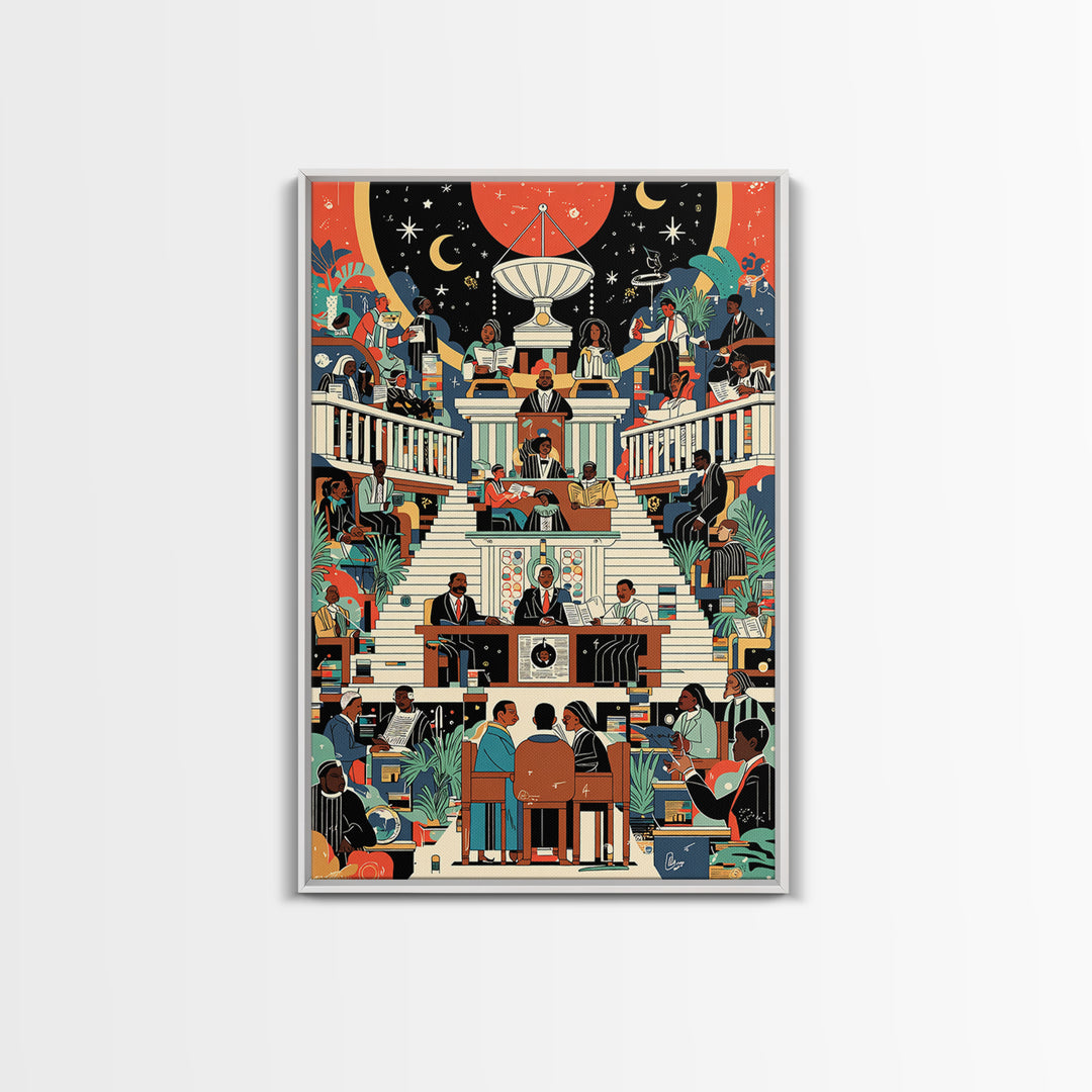 Afrofuturist Civic Assembly Wall Art, Black Culture Illustration, Modern African Decor, Colorful Statement Canvas Print Gift