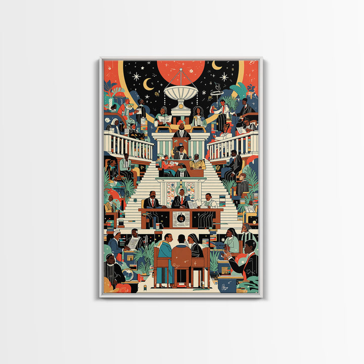 Afrofuturist Civic Assembly Wall Art, Black Culture Illustration, Modern African Decor, Colorful Statement Canvas Print Gift
