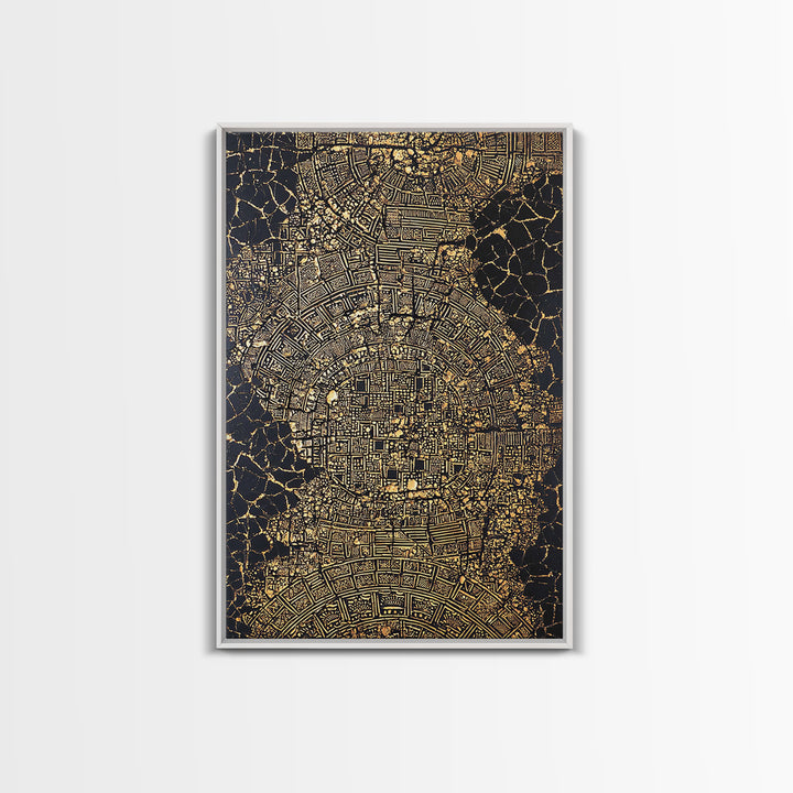 Gold Abstract African City Map Canvas Print, Geometric Tribal Pattern, Black And Gold Wall Art, Modern Office Decor Gift