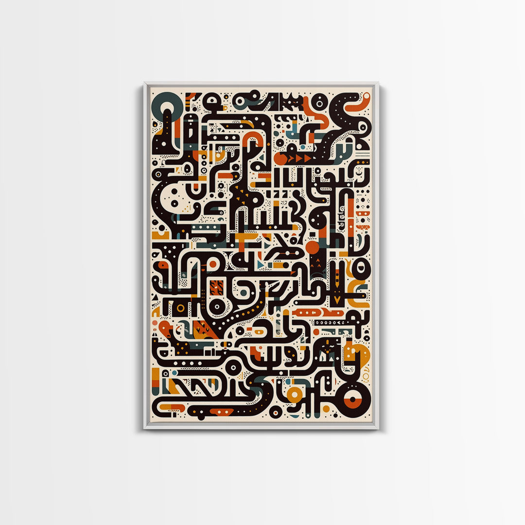 Ivory Black Orange Labyrinth Glyph Wall Art, Modern African Art Abstract, Boho Tribal Decor, Geometric Canvas Print For Home Decor