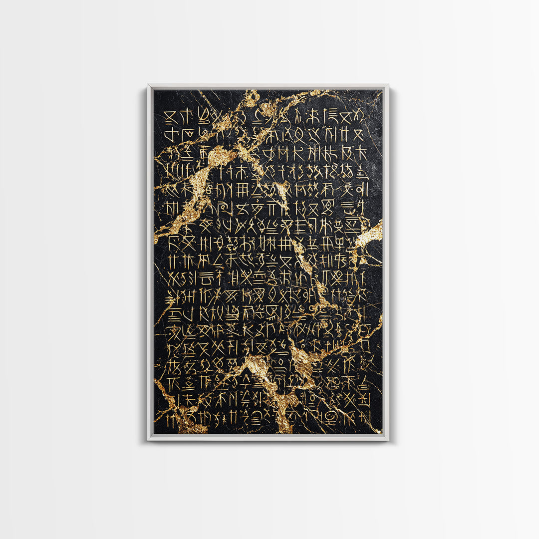 Black Marble Gold Script Wall Art, Ancient African Inspired Symbols, Luxury Abstract Canvas Print, Spiritual Home Decor Gift