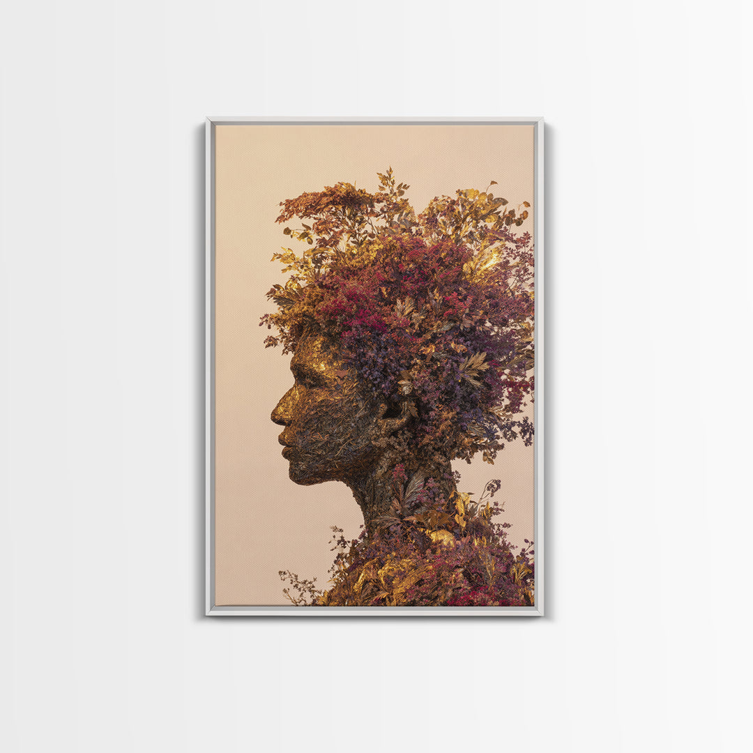 Botanical African Woman Portrait Wall Art, Afrocentric Floral Black Beauty Art, Earth Tone Living Room Decor, Housewarming Gift