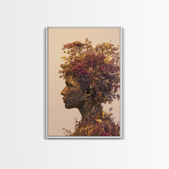 Botanical African Woman Portrait Wall Art, Afrocentric Floral Black Beauty Art, Earth Tone Living Room Decor, Housewarming Gift