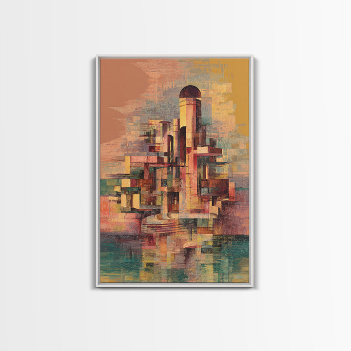 Abstract Futurist Tower City Canvas Print, Modern Geometric Architecture Art, Terracotta Teal Statement Wall Decor Gift For Him