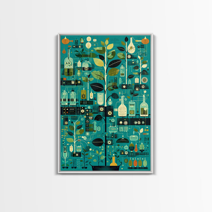 Botanical Science Laboratory Wall Art, Teal Green Plant Illustration, Modern Digital Art For Office Decor And Unique Gift