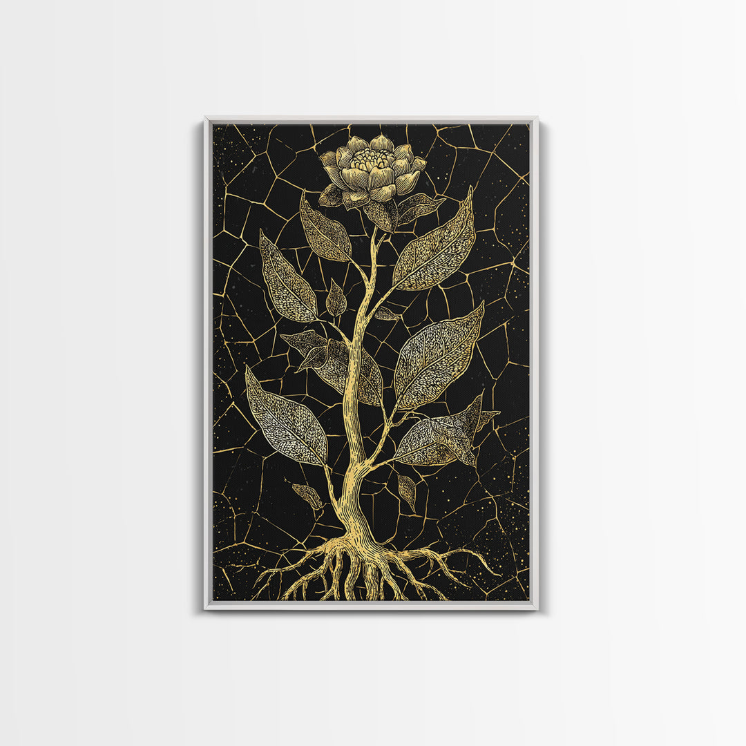 Gold Botanical Rose Canvas Print, Black And Gold Floral Line Art, Elegant Minimalist Wall Decor For Bedroom Home Decor Gift