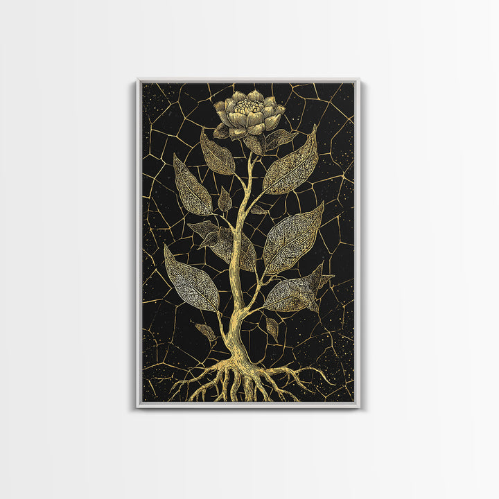Gold Botanical Rose Canvas Print, Black And Gold Floral Line Art, Elegant Minimalist Wall Decor For Bedroom Home Decor Gift