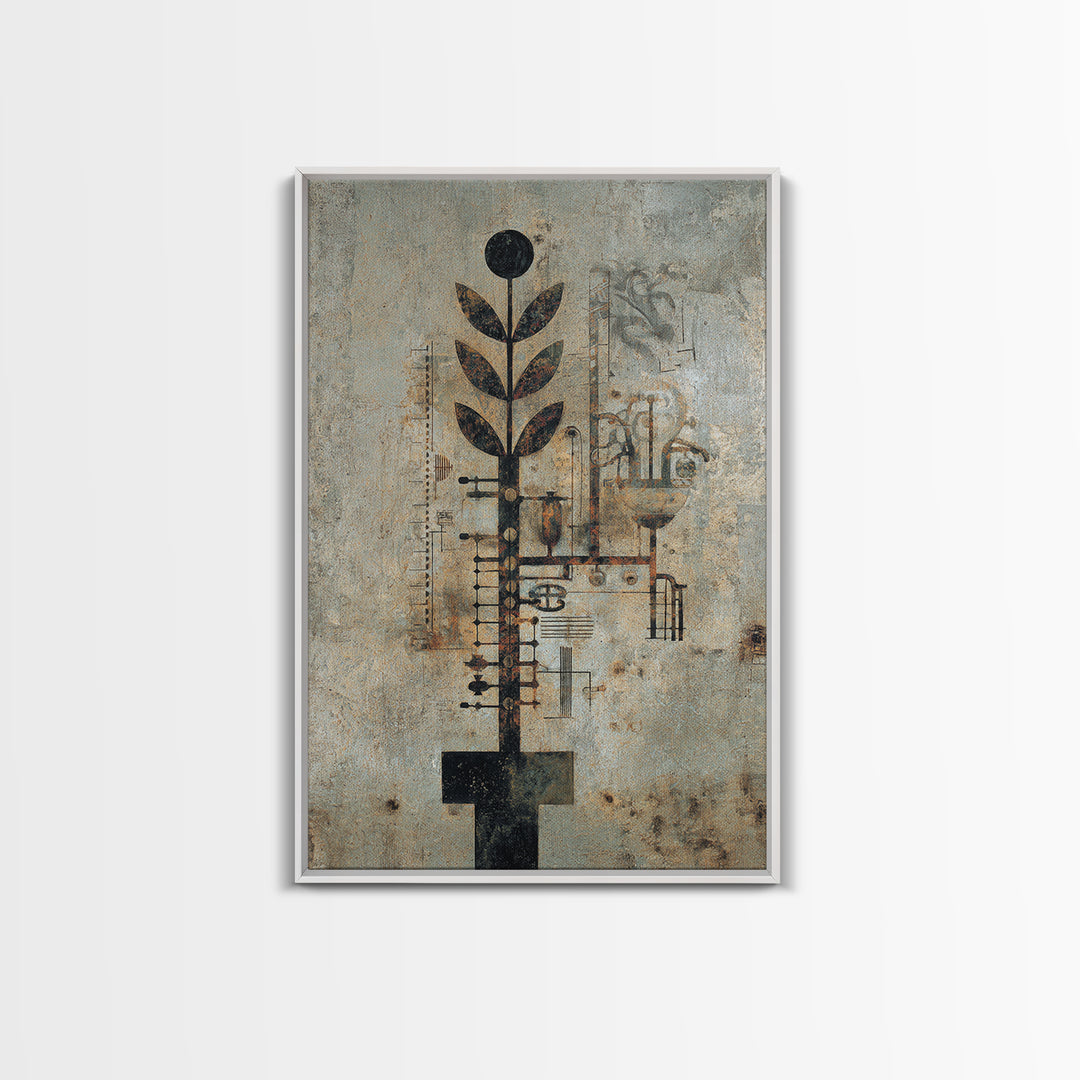 Rustic Industrial Botanical Wall Art, Abstract Plant Machinery Painting, Earth Tone Textured Art Print For Modern Office Decor