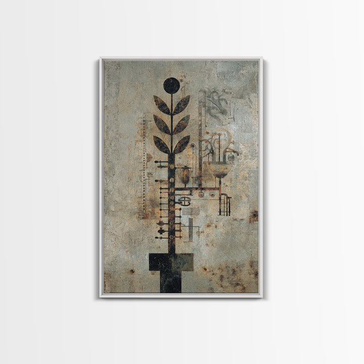 Rustic Industrial Botanical Wall Art, Abstract Plant Machinery Painting, Earth Tone Textured Art Print For Modern Office Decor