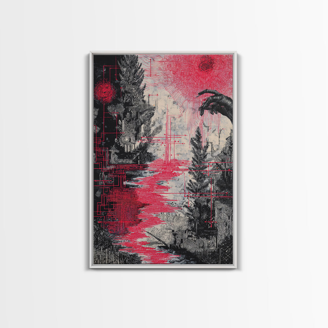 Surreal Red And Black Landscape Canvas Print, Mystical Abstract Art, Gothic Nature Scene Art For Bold Modern Wall Decor Gift