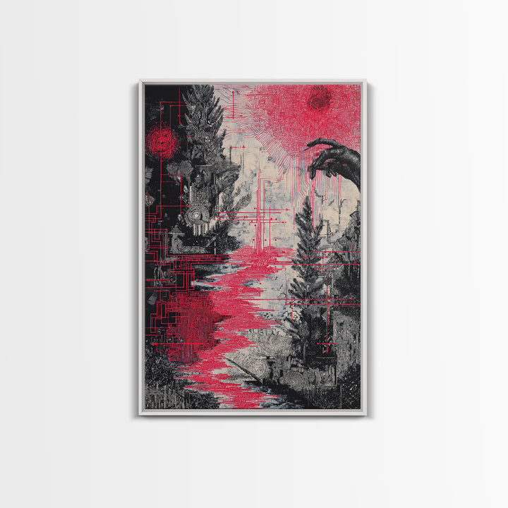 Surreal Red And Black Landscape Canvas Print, Mystical Abstract Art, Gothic Nature Scene Art For Bold Modern Wall Decor Gift