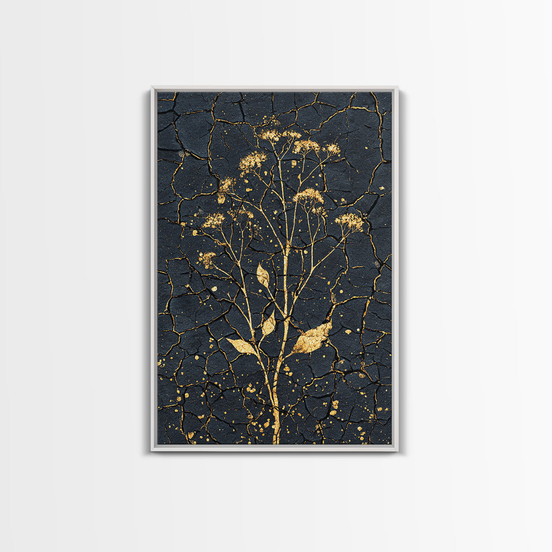 Gold Wildflower On Cracked Black Wall Art, Elegant Botanical Art Print, Black And Gold Design For Bedroom Home Decor Gift