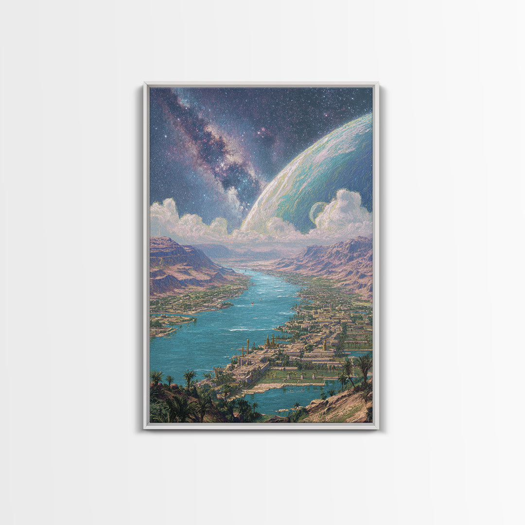 Cosmic River Valley Planet Canvas Print, Dreamy Sci Fi Landscape Art, Large Wall Art For Living Room Statement Decor And Gift