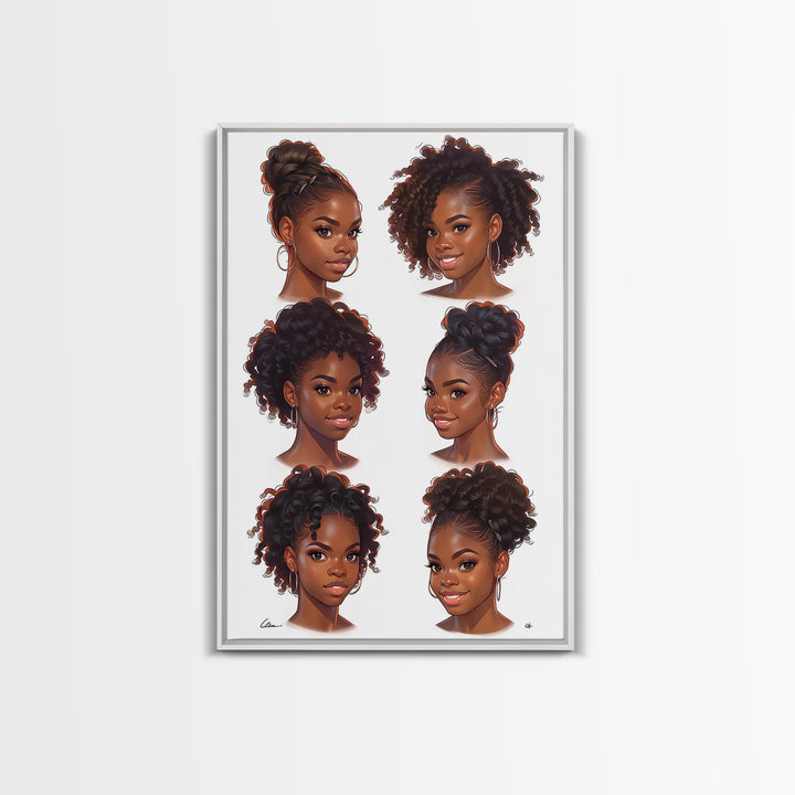 Six Black Women Hairstyle Portraits Wall Art, Afrocentric Beauty Print, Black Girl Magic Decor, Melanin Gift For Her, Home Decor