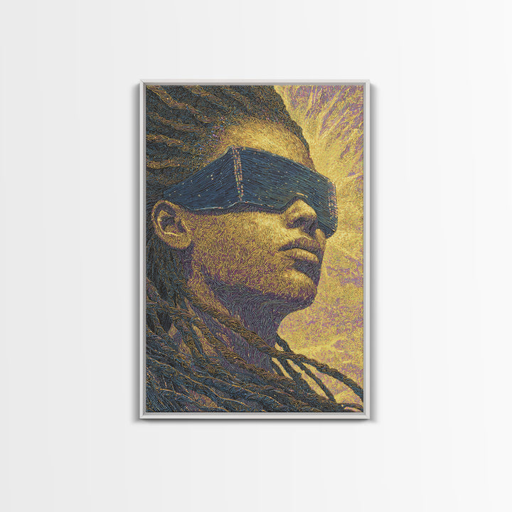 Futuristic Black Woman With Braids And Visor Canvas Print, Afrofuturism Portrait, Modern African Art, Bold Office Decor