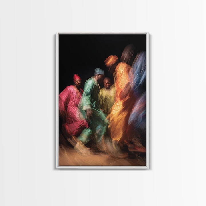 Colorful African Dancers In Flowing Robes Framed Canvas Print, Cultural Celebration Art, Vibrant Ethnic Wall Decor Gift Idea