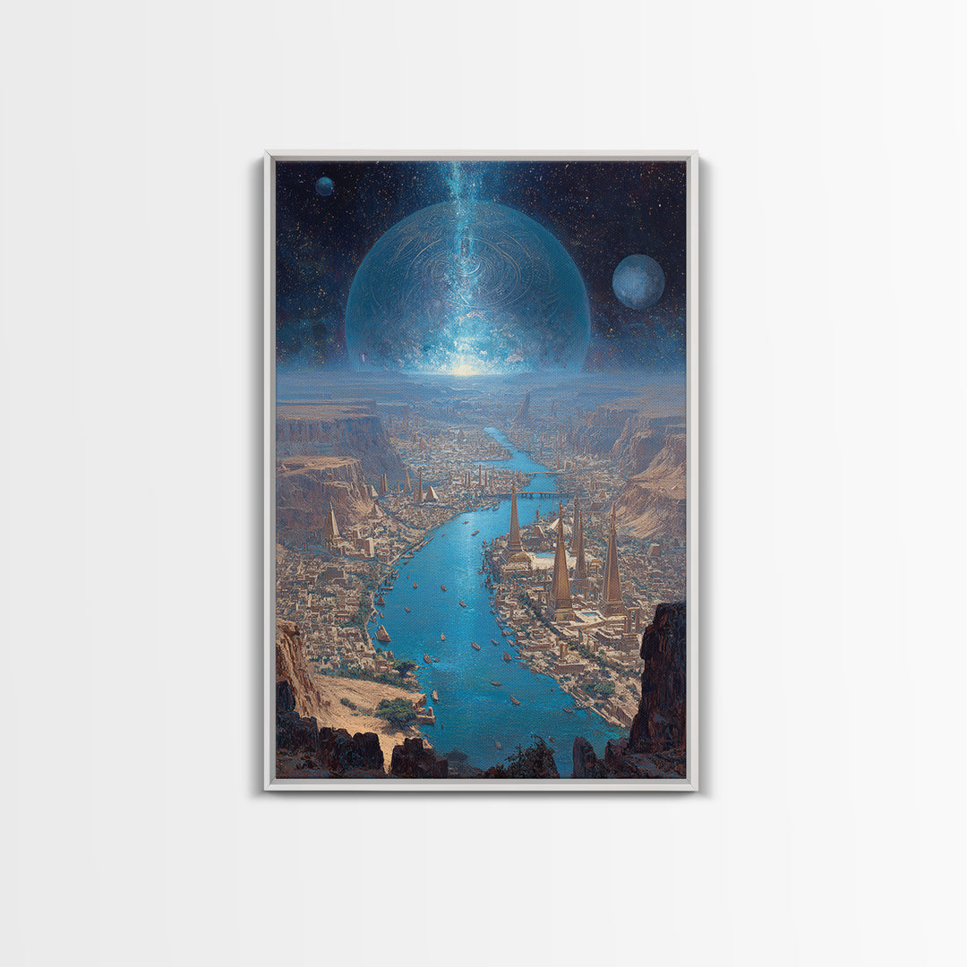 Afrofuturist Blue River City Under Planets Canvas Print, Sci Fi African Inspired Wall Art, Dreamy Landscape Home Decor Gift