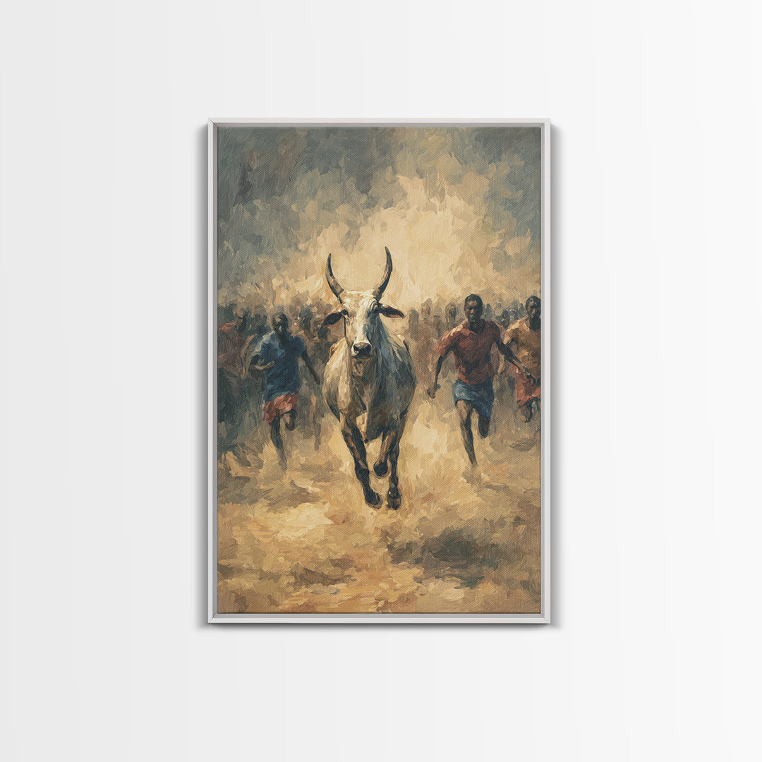 White Bull Racing Through Dust With Runners Framed Canvas Print, African Safari Art, Tribal Warrior Decor, Living Room Wall Art