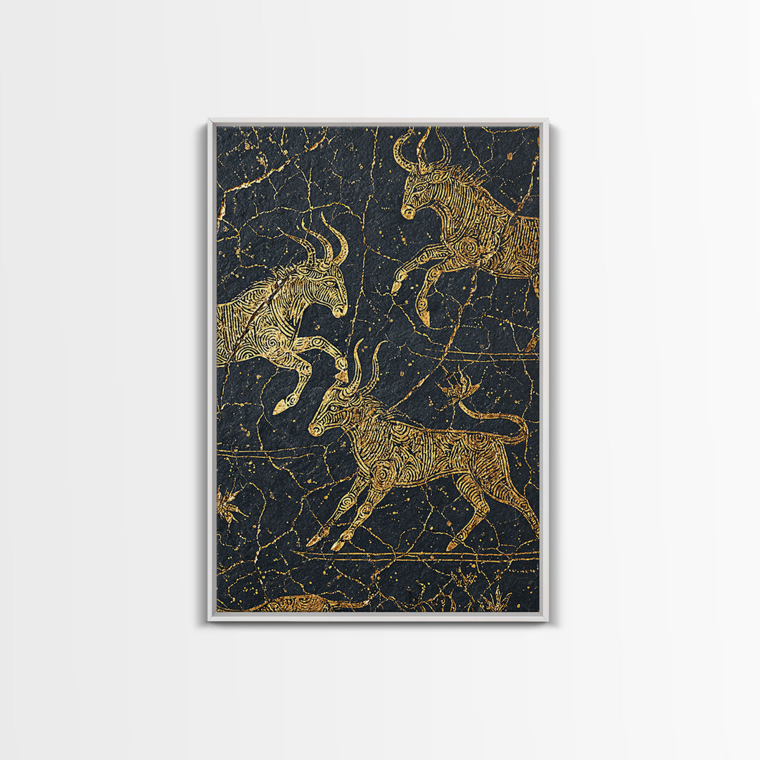 Gold Antelope Herd On Cracked Black Stone Canvas Print, African Animal Art, Tribal Line Drawing, Luxury Safari Wall Decor