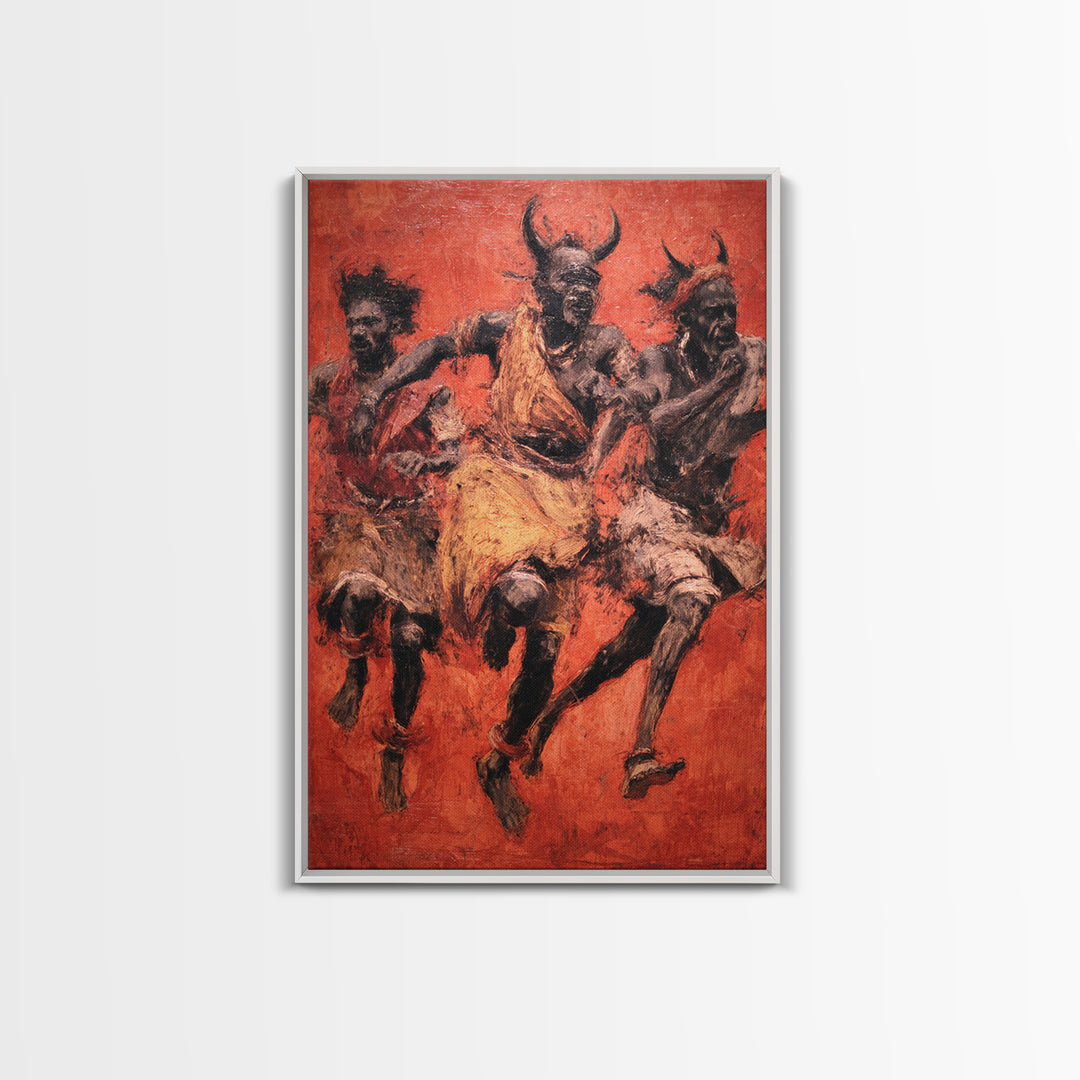 Red Ochre Tribal Dancers With Horned Masks Canvas Print, African Warrior Art, Cultural Wall Decor, Expressive Home Decor