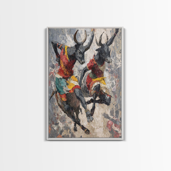 Colorful African Bull Riders Wall Art, Abstract African Art Print, Tribal Safari Decor, Cultural Living Room Canvas Gift