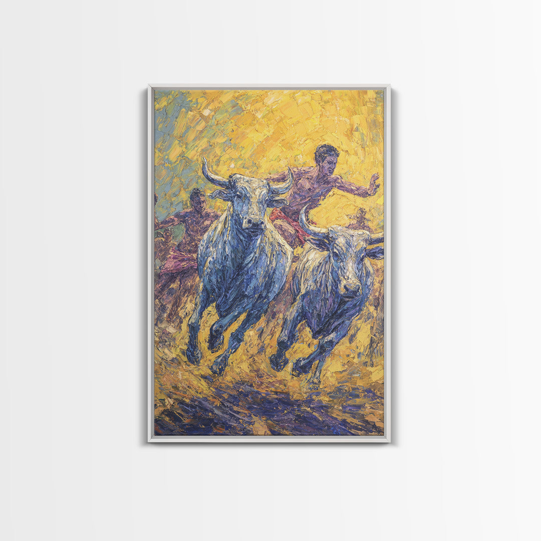 Charging Blue Bulls And Riders Canvas Print, Modern African Art, Warrior Safari Decor, Bold Cultural Wall Decor Gift For Him