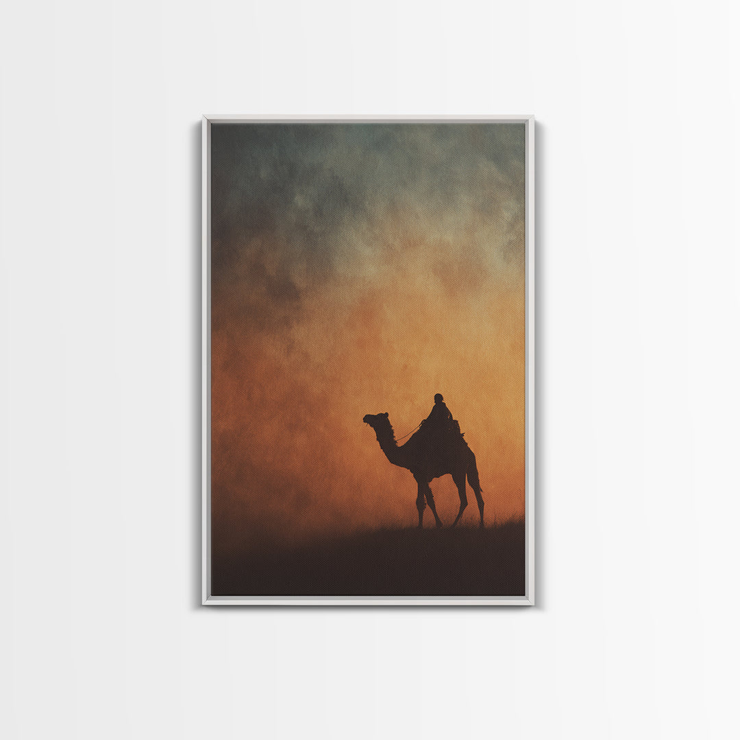 Solitary Camel Rider Wall Art, African Desert Sunset, Boho Safari Art Print, Earth Tone Bedroom Decor, Housewarming Gift