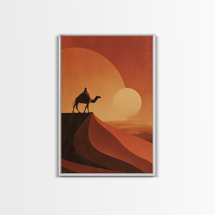 Minimalist Camel Rider Canvas Print, Orange Desert Sun Wall Art, African Travel Poster, Boho Home Decor, Unique Gift Idea