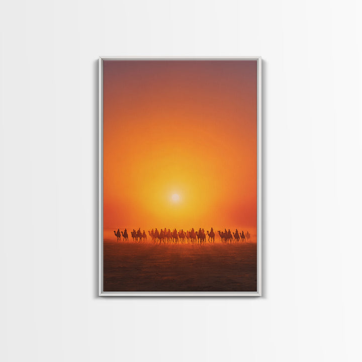Sunset Camel Caravan Wall Art, African Safari Art, Orange Desert Landscape Poster, Statement Living Room Decor Gift For Him