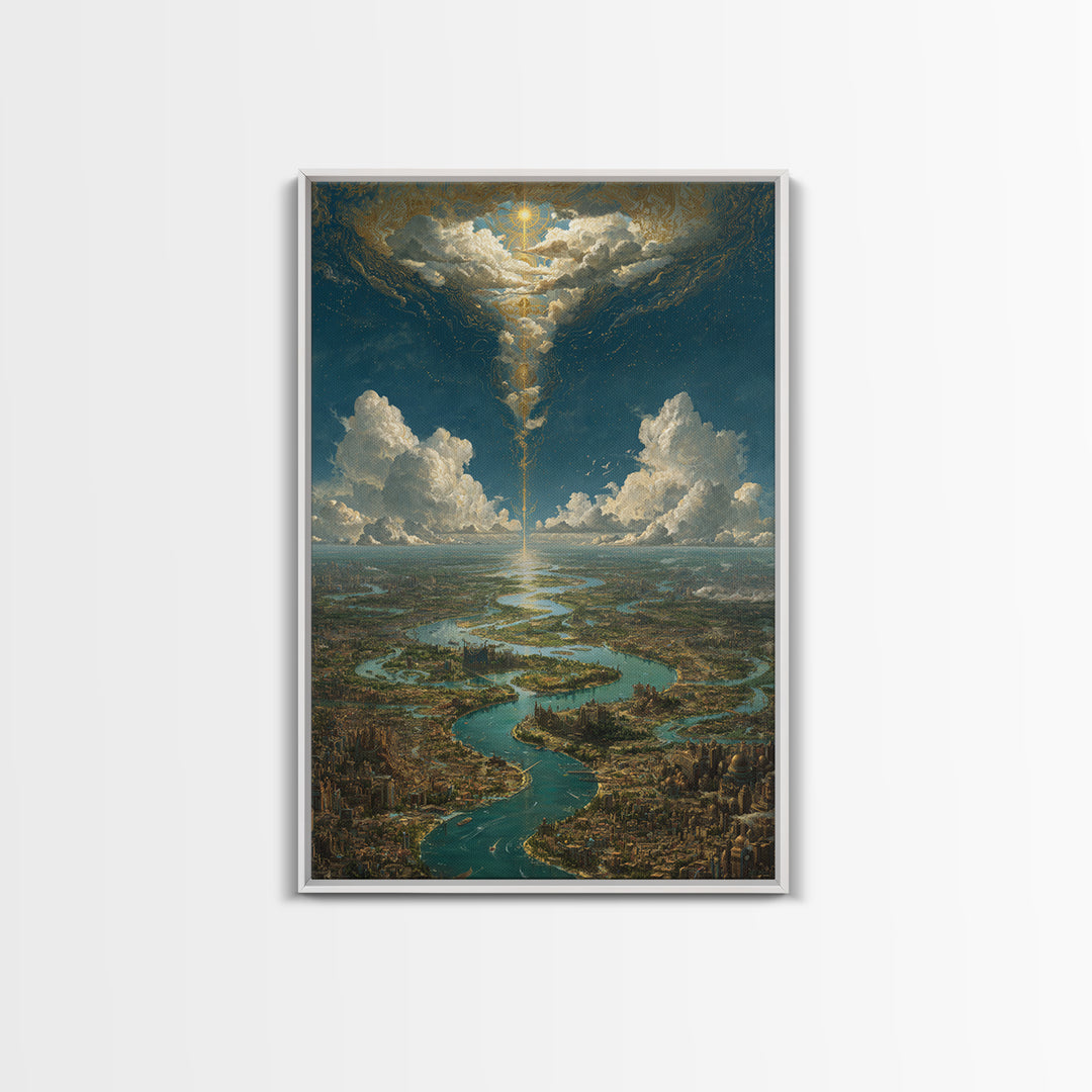 Celestial River City Under Radiant Clouds Wall Art, Dreamy Landscape Canvas Print, Spiritual Sky Decor, Large Home Art Gift