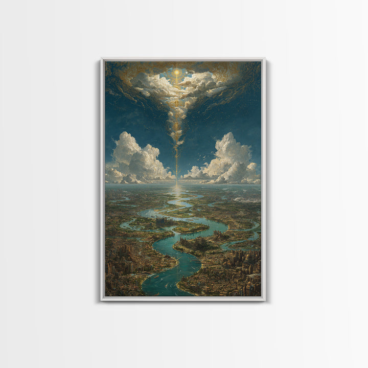 Celestial River City Under Radiant Clouds Wall Art, Dreamy Landscape Canvas Print, Spiritual Sky Decor, Large Home Art Gift