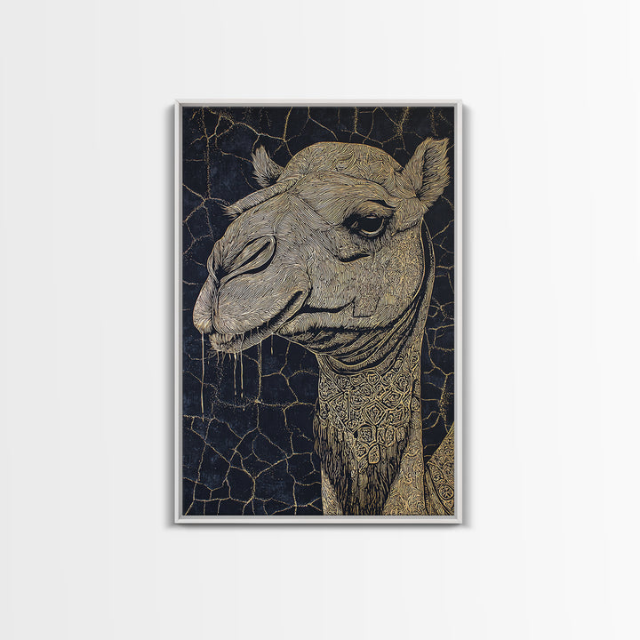 Intricate Gold Camel Portrait Canvas Print, African Safari Wall Art, Black And Gold Animal Art, Boho Desert Home Decor Gift