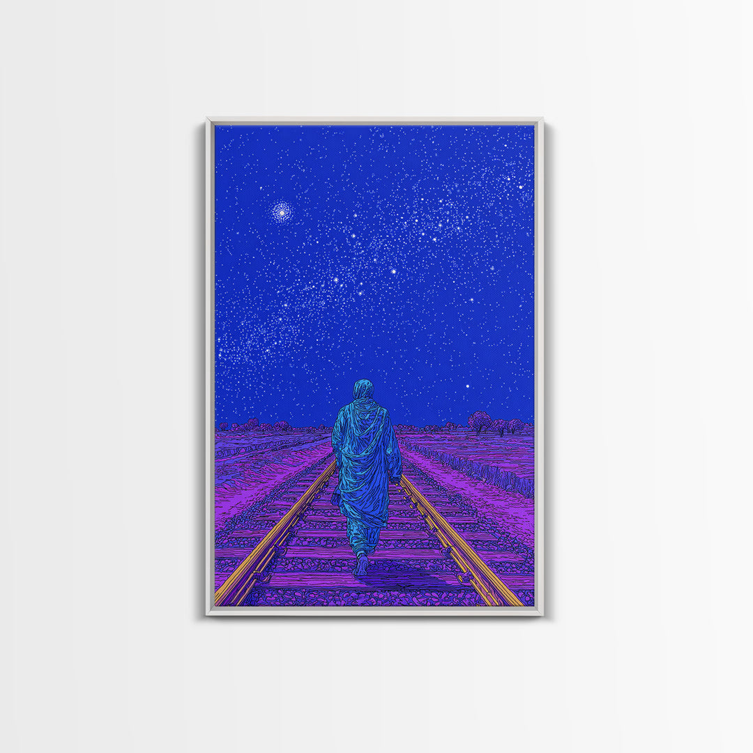 Lone Traveler On Neon Railroad Under Starry Sky Wall Art, Afrofuturism Canvas Print, Mystical Journey Decor, Blue Poster