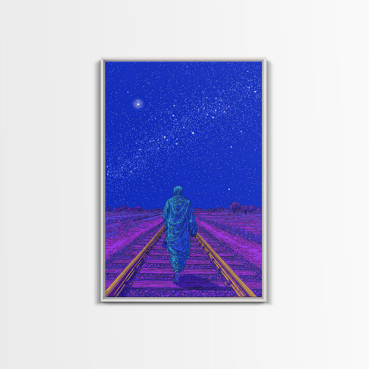Lone Traveler On Neon Railroad Under Starry Sky Wall Art, Afrofuturism Canvas Print, Mystical Journey Decor, Blue Poster
