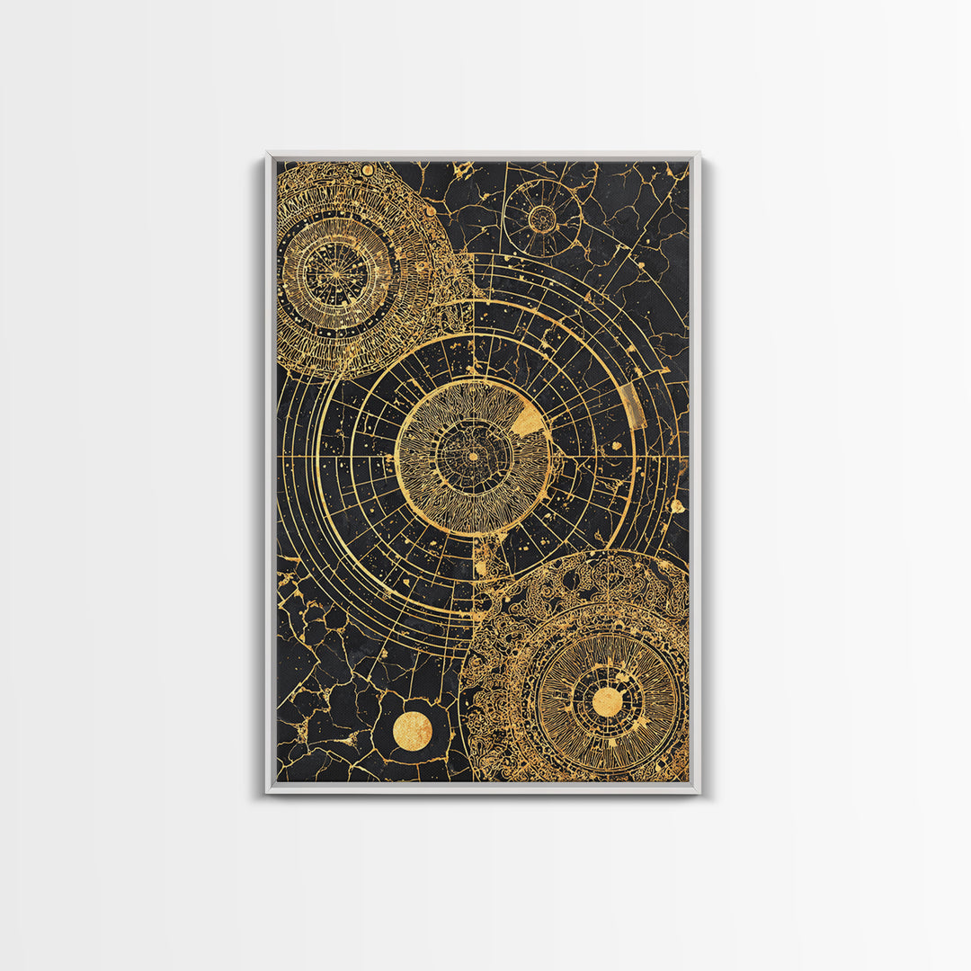 Gold Astronomical Circles On Black Stone Wall Art, Celestial Abstract Canvas Print, Luxury Geometric Decor, Modern Office Art