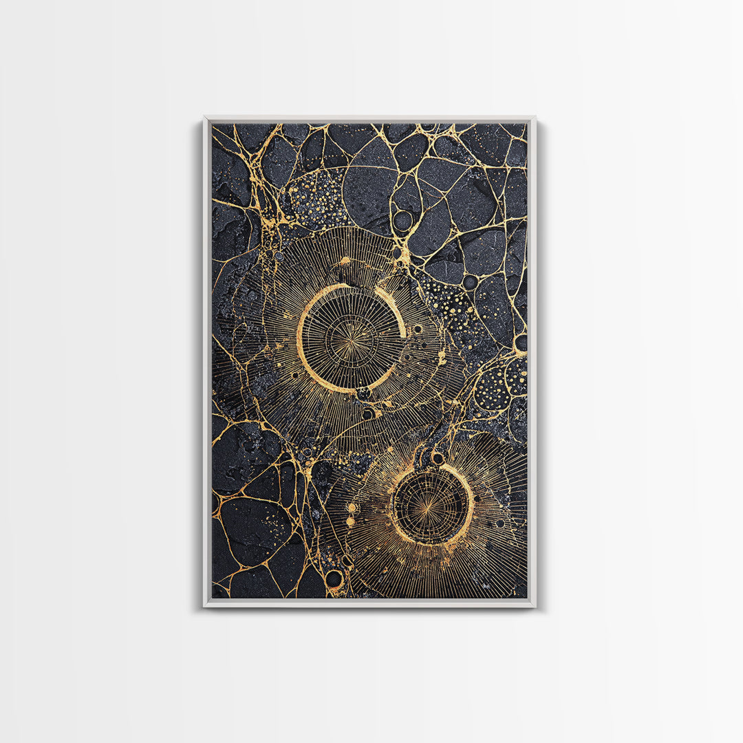 Black Gold Cellular Circles Abstract Wall Art, Textured Celestial Canvas Print, Luxury Modern Decor, Statement Office Art